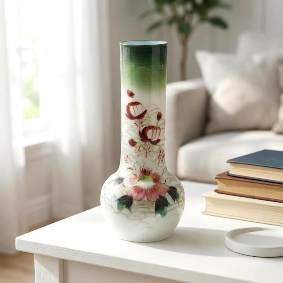Victorian Floral Bristol Glass Vase – Antique Hand Painted Enamel