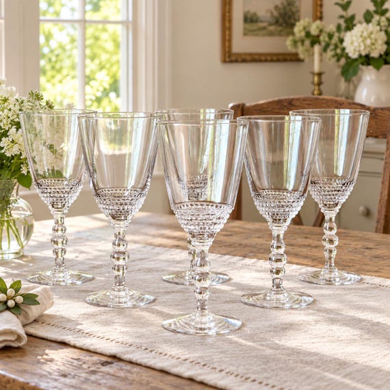 Vintage Duncan & Miller Teardrop Pressed Glass Water Goblets, Set of 6, USA