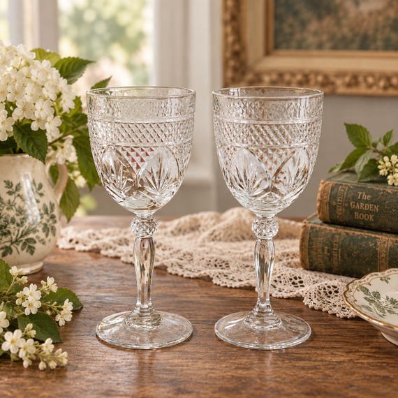 Vintage Cristal d’Arques Antique Clear Knob Stem Wine Goblets Set of 2 France