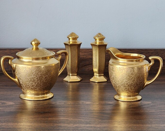 Pickard 24K Gold Rose and Daisy Mini Creamer, Sugar, Salt & Pepper Set - 1930s Art Deco Fine China