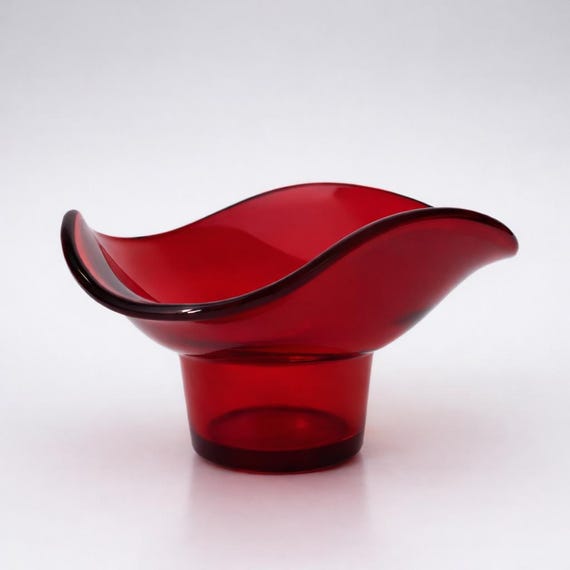 Vintage Sowerby Ruby Glass Tricorn Posy Bowl Crimped Pedestal Dish Mid Century England