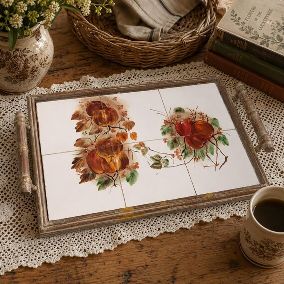 Vintage Hand Painted Tile Tray Rustic Cottage Farmhouse Serving Tray Wooden Handles
