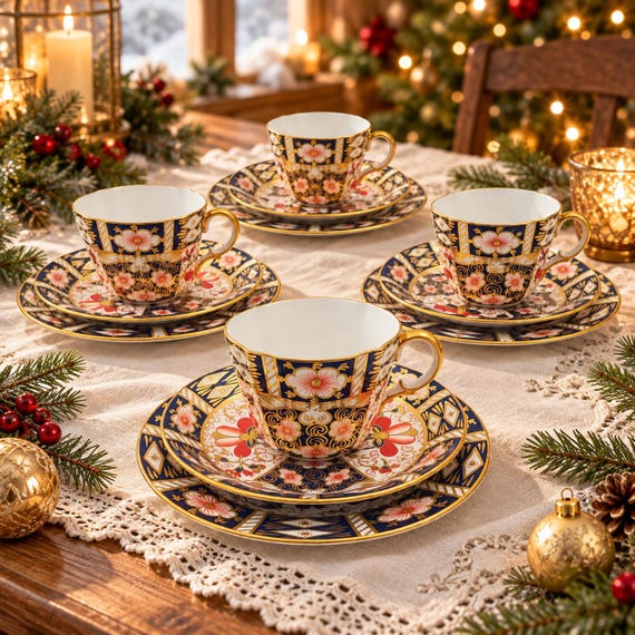 Antique Royal Crown Derby Imari 2451 Tea Trios, Cobalt, Red, Gold (Set of 4)
