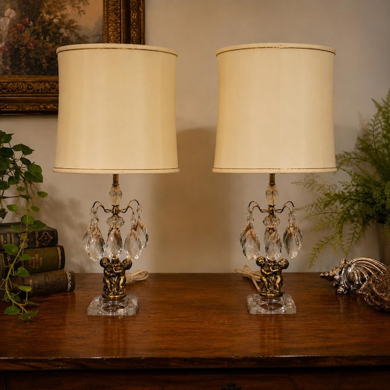 Vintage Hollywood Regency Cherub Table Lamps Waterfall Crystal Mid Century No Shades Individual Choice