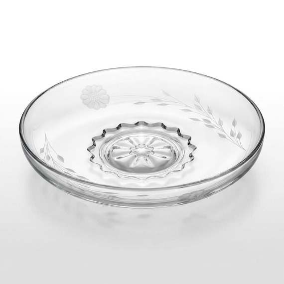 Rare Hughes Cornflower Low Profile Console Bowl – Vintage Etched Glass Canada, circa 1930s