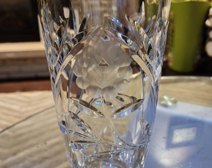 Mid Century Vintage Lead Crystal Vase Cut with Decorative Rose