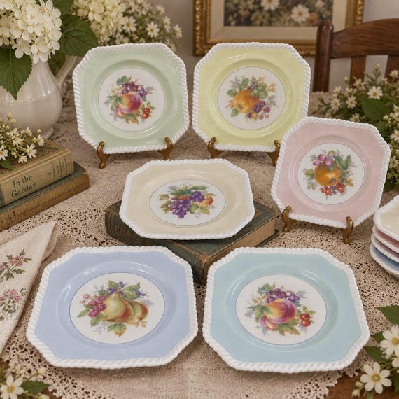 Vintage Johnson Brothers California Fruit Plates, Pastel Square, Set of 10, England, 7.75 Inch