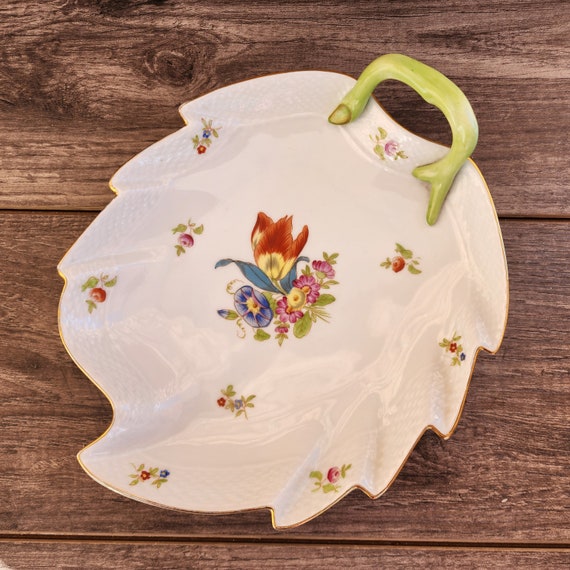 Vintage Herend Hungary Leaf Shaped Candy Dish – Hand Painted Floral Porcelain – HER59 Pattern
