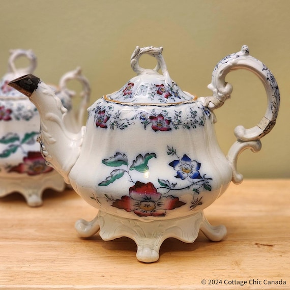 Antique Victorian Hand Painted China Teapot from the 19th Century, circa 1840's