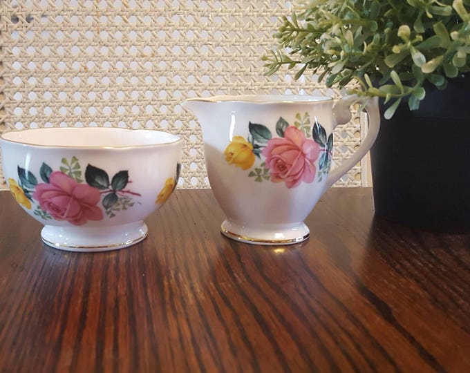 Queen Anne Rose Fine Bone China Creamer and Sugar Bowl Set
