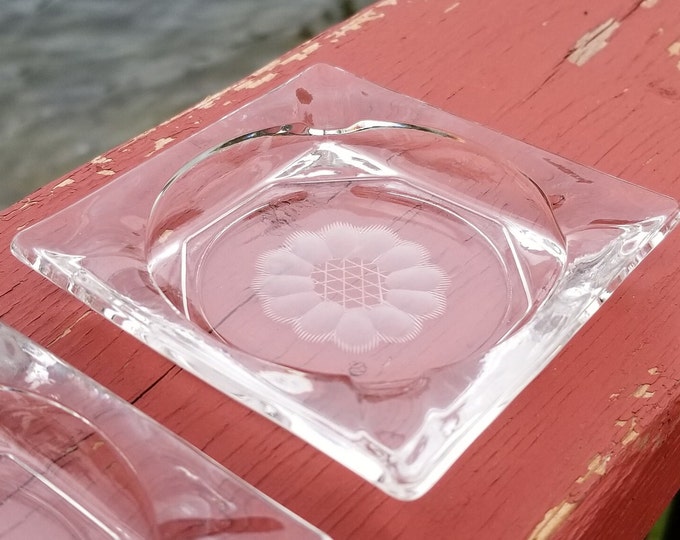 Hughes Cornflower Etched Square Ashtrays - Vintage Federal Glass 141/4, Set of 4