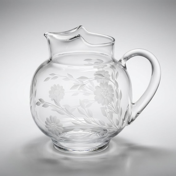 Hughes Cornflower Glass Water Pitcher – Early Mid Century Hand Cut Etched Floral Design Canada