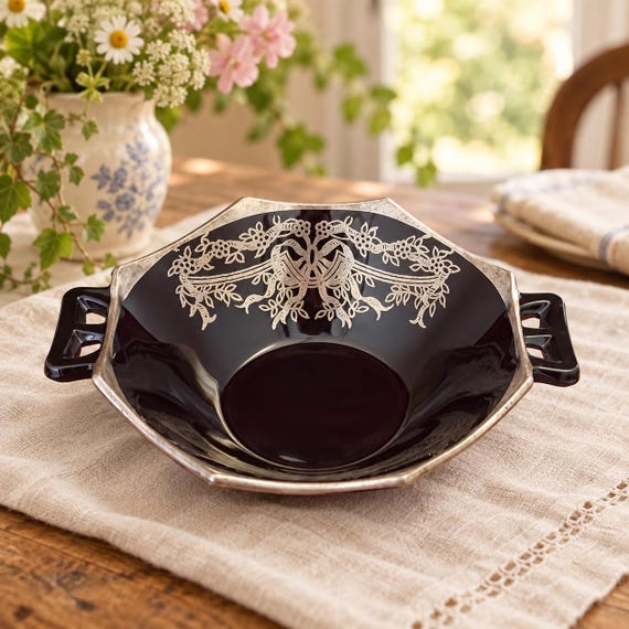 Vintage Black Amethyst Glass Bowl, Silver Overlay Wreath, Art Deco Twin Handles, Cambridge