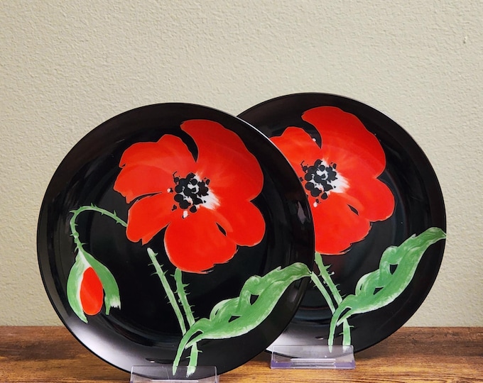 Fitz and Floyd "Pavot Noir" Salad Plates with Vibrant Red Poppy Design, Set of 2