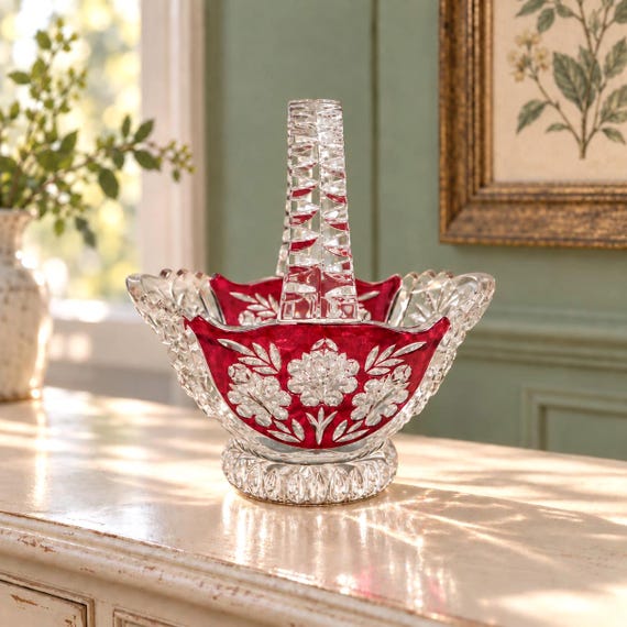 Vintage Anna Hütte Bleikristall 24% Lead Crystal Basket, Hand-Cut Oxford Rose Ruby, Germany