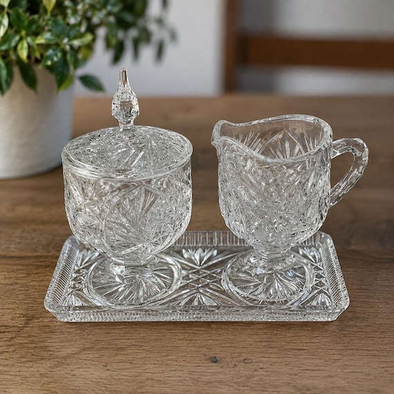 Vintage Pressed Glass Creamer Sugar Bowl Tray Set Pedestal Pinwheel Pattern