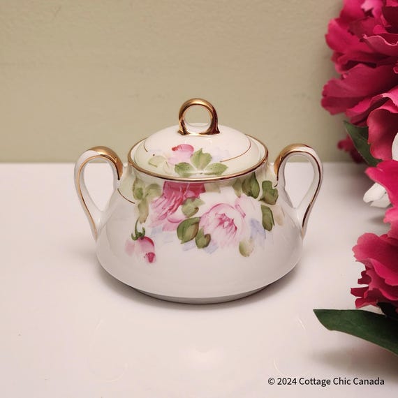 Hand Painted Nippon Sugar Bowl: Pink Roses, Gold Trim, Sunburst Mark, Vintage Porcelain