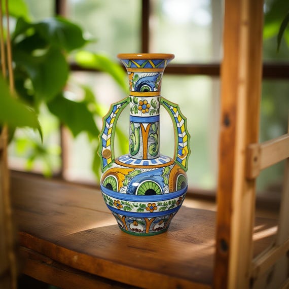 Mid Century Italian Majolica Vase – Hand Painted Deruta Pottery by SACA Italy