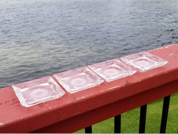 Hughes Cornflower Square Glass Ashtrays – Set of 4, Vintage Etched Crystal, Canada