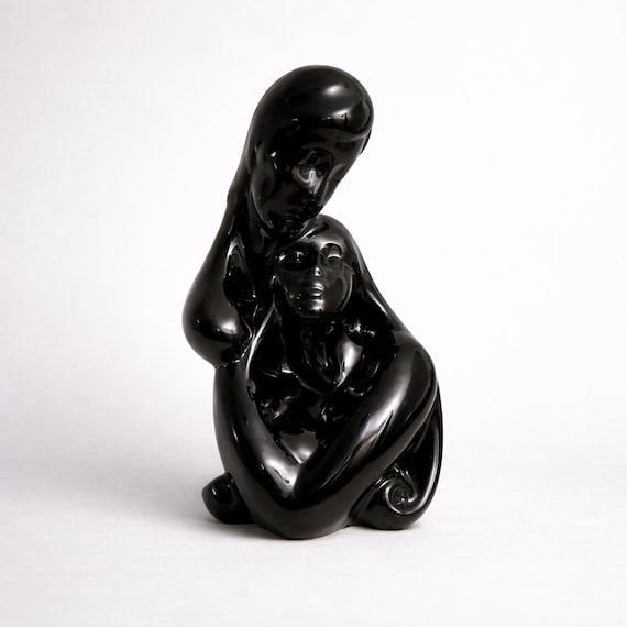 Modernist Black Ceramic Embrace Sculpture – 1990s Postmodern Form USA