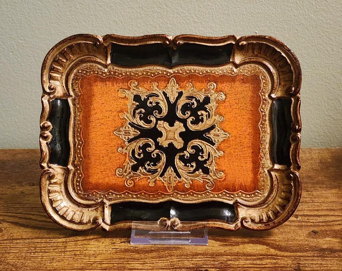 Hollywood Regency Italian Florentine Tray – Burnt Orange, Black & Gold – Ornate Hand-Painted Baroque Scrolls – Vintage Mid Century Decor