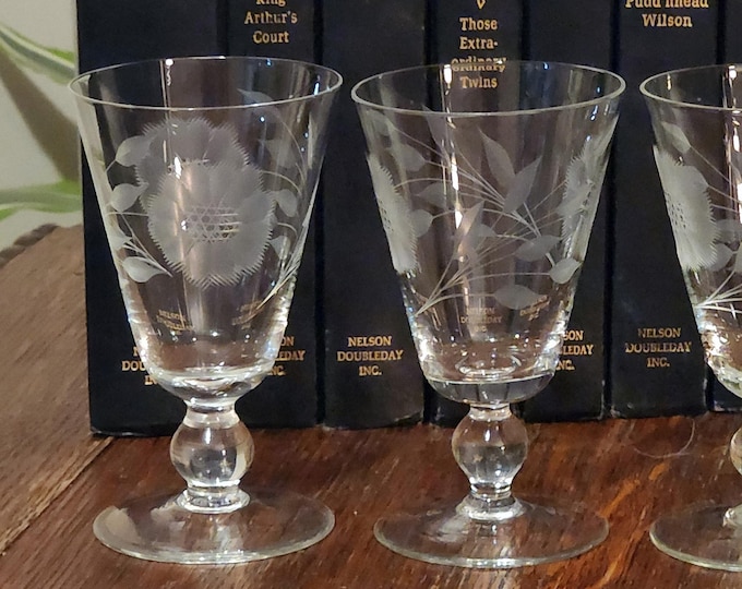 W.J. Hughes Cornflower Sherry Glasses – Set of 2 Vintage Canadian Etched Crystal Stemware (Etching Flaws)