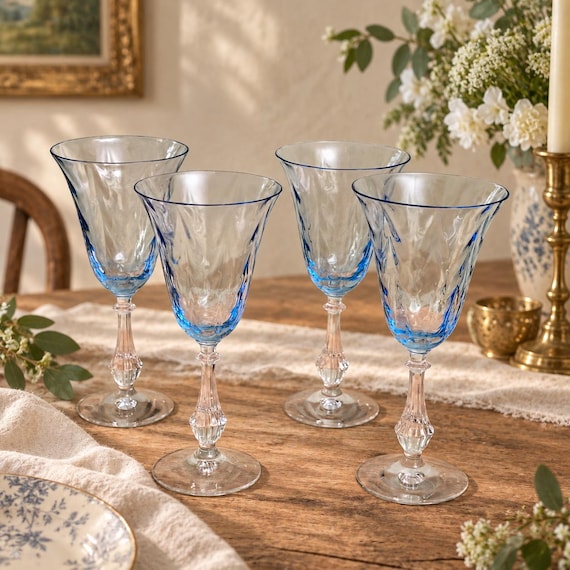 Vintage Fostoria Wavecrest Blue Water Goblets Set of 4 Art Deco USA 1936–1943