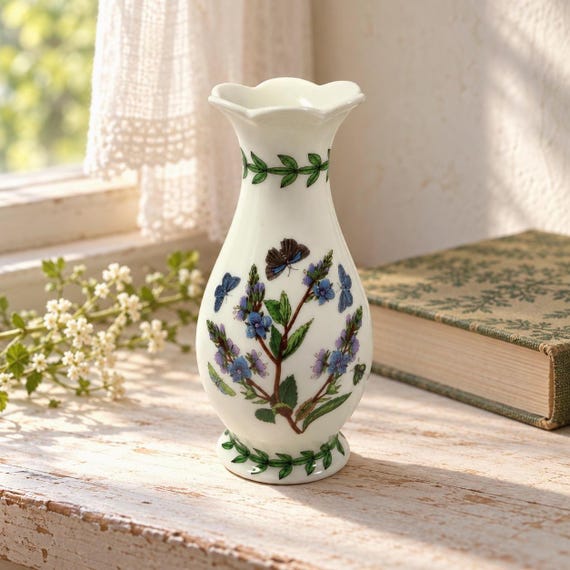 Portmeirion Botanic Garden Porcelain Bud Vase, Floral Butterfly Design, Scalloped Rim (5 Inch)
