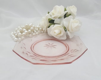 W.J. Hughes Cornflower Etched Salad Side Plate – Pink Tiffin Glass, Art Deco
