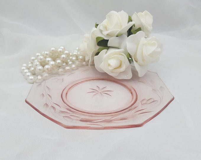 Hughes Cornflower Etched Salad Side Plate - Pink Tiffin Glass, Art Deco