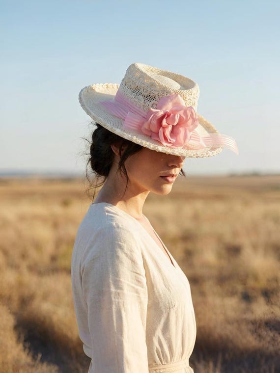 Vintage 1980s Caché Lace Cowboy Hat Pink Rose Ribbon Bridal Garden Party Western