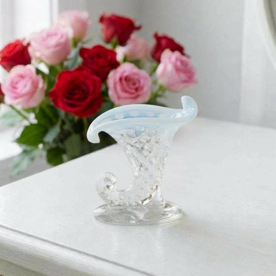Fenton French Opalescent Hobnail Cornucopia – Vintage Mini Candle Holder USA