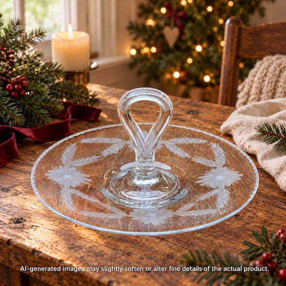 Vintage Floral Cut Glass Sandwich Tray, Centre Loop Handle Serving Plate, Daisy and Fern Design