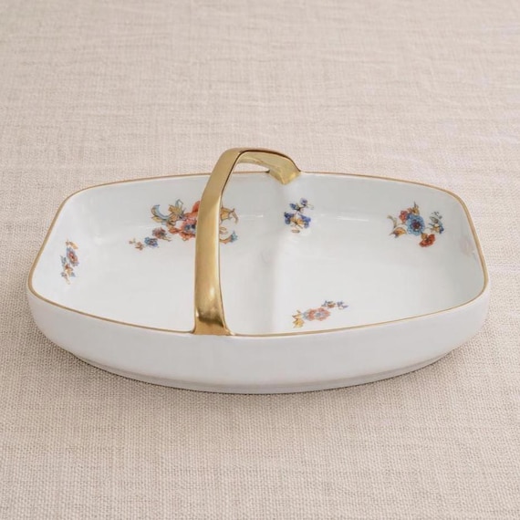 Thomas Bavaria Floral Porcelain Handled Dish Gold Trim Mid Century Germany Vanity Display