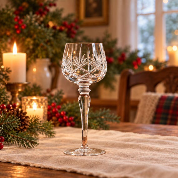 Vintage Cross and Fan Crystal Hock Wine Glass, Wafer Stem, Bohemian Clear Cut Crystal