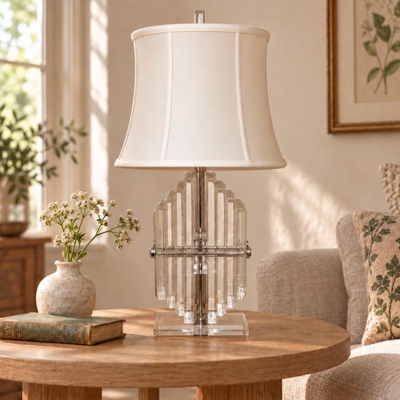 Vintage Karl Springer Style Lucite Table Lamp, Stacked Geometric Design, Chrome Accents, White Shade