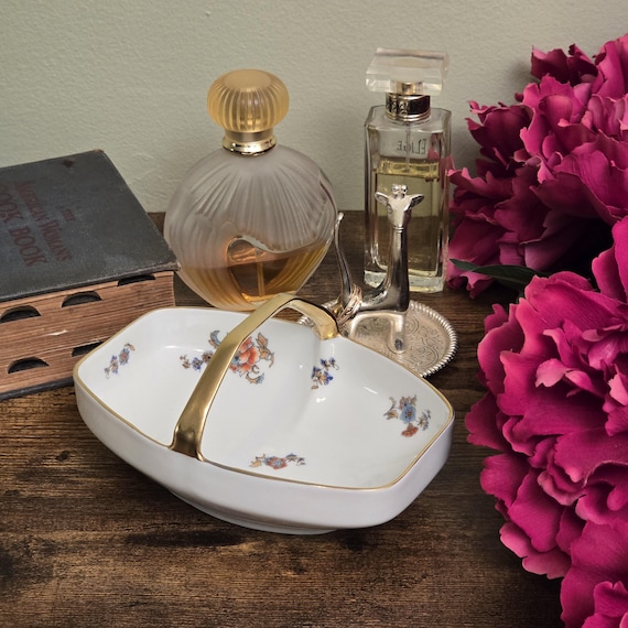 Thomas Bavaria Fine Porcelain Floral Handled Dish – Vanity Display Gold Trim Mid Century Germany