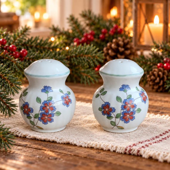 Vintage Mikasa Heirloom Salt and Pepper Shakers, Floral Butterfly Stoneware Serveware