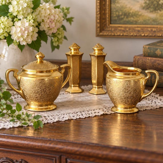 Vintage Pickard 24K Gold Creamer Sugar Salt & Pepper Set 1930s Art Deco USA