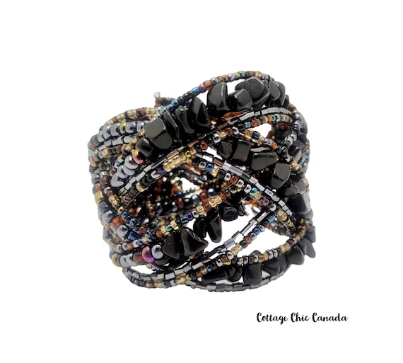 Elegant Vintage Multi Strand Black Wrapped Cuff Bracelet