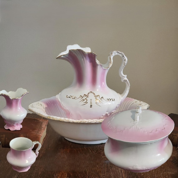 S W Dean 6-Piece Wash Basin Pitcher Chamber Pot Set – Antique Edwardian Ironstone England