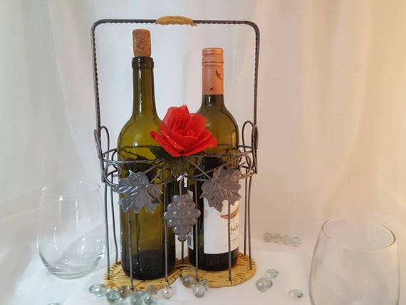 Vintage Rustic Wicker and Metal Grapevine Caddy Holder for Wine Bar