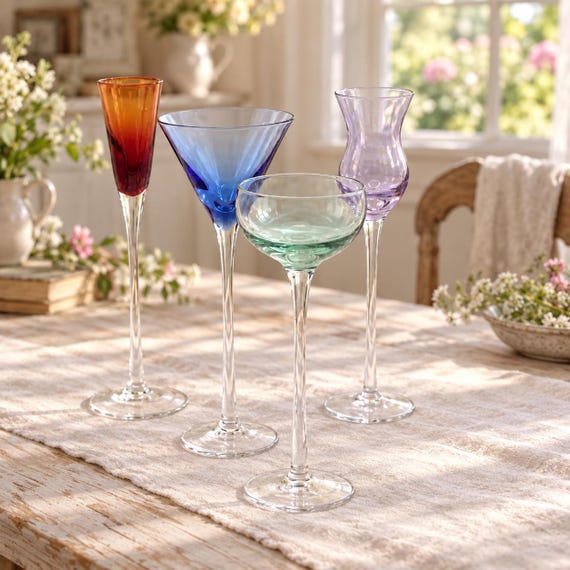 Vintage Long Stem Cordial Glasses, Coloured Liqueur Barware, Artland Lenox Style (Set of 4)