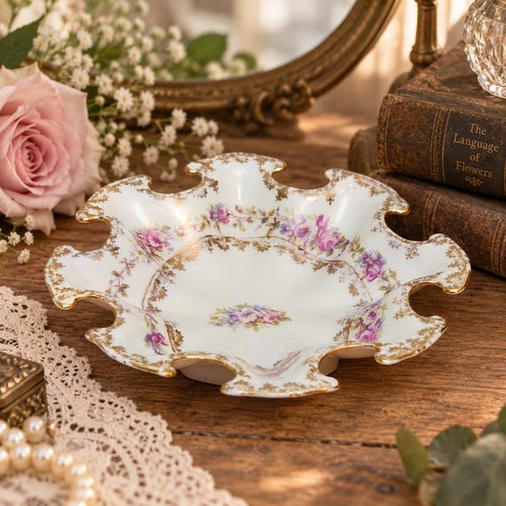 Antique Carlsbad Austria Porcelain Floral Dish Rococo Revival Gold Gilt c.1900