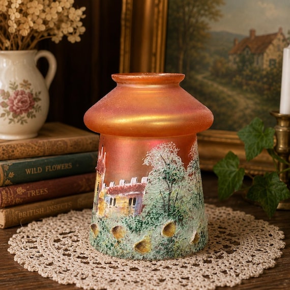 Antique Czech Carnival Glass Chandelier Lamp Shade Hand Painted Coastal Cottage Scene