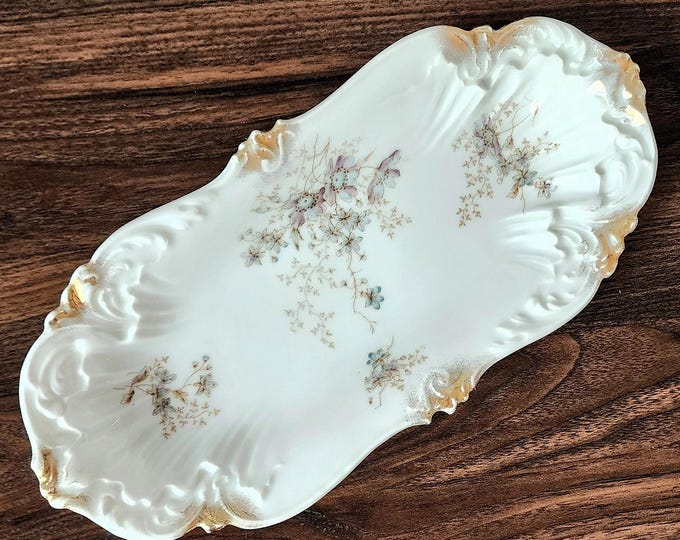 Vintage Dresden Germany Floral Serving Dish – White Oblong Porcelain Tray – Art Nouveau Rococo Style Gold Accents