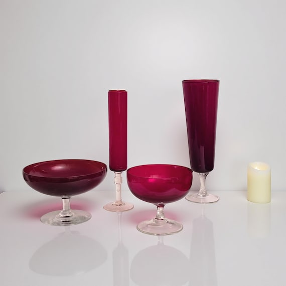 Mid Century Ruby Red Glass Vase and Footed Compote Set, 4 Piece, Mixed Tones