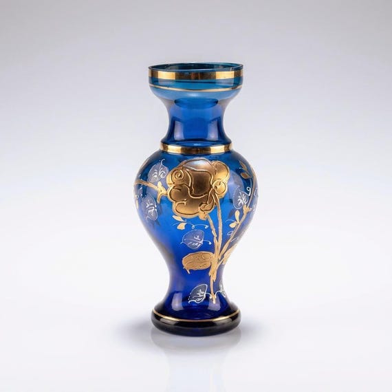 Czech Bohemian Hand Painted Cobalt Blue Vase – Gold Gilded Rose Mid Century Modern Style