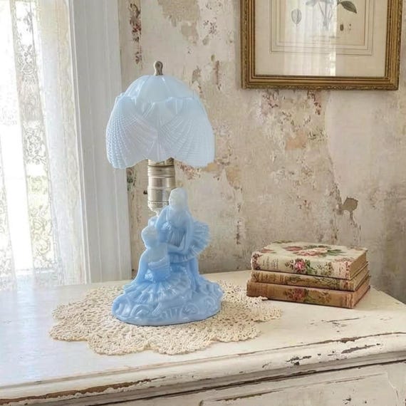 Blue Opaline Figural Boudoir Lamp – Romantic Couple Art Deco Style USA