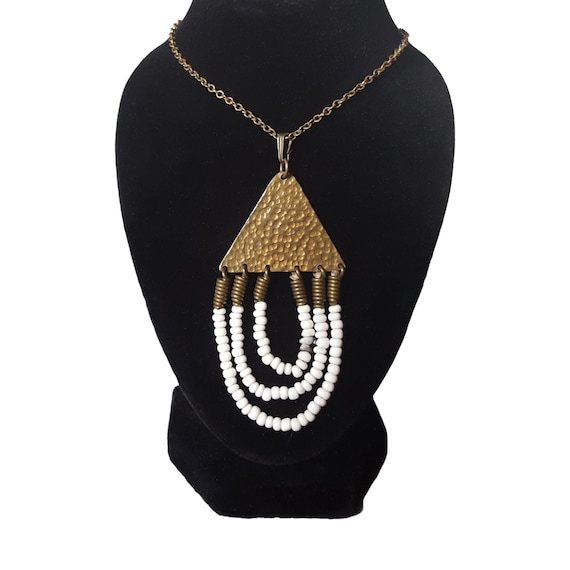 Vintage Aztec Pendant Necklace: Bronze Chain, White Beads